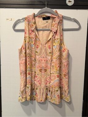 Tahari Light Pink Paisley Ruffle Neck Sleeveless Top